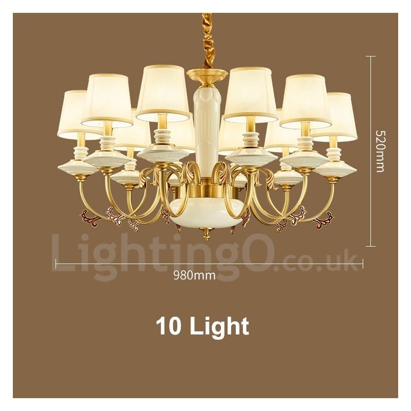 Retro Vintage Brass Ceramics Pendant Candle Chandelier with Fabric Shades