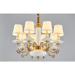 Retro Vintage Brass Ceramics Pendant Candle Chandelier with Fabric Shades