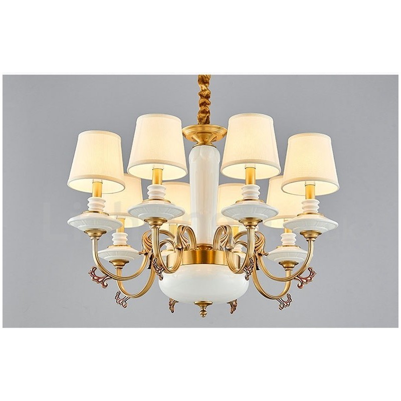 Retro Vintage Brass Ceramics Pendant Candle Chandelier with Fabric Shades