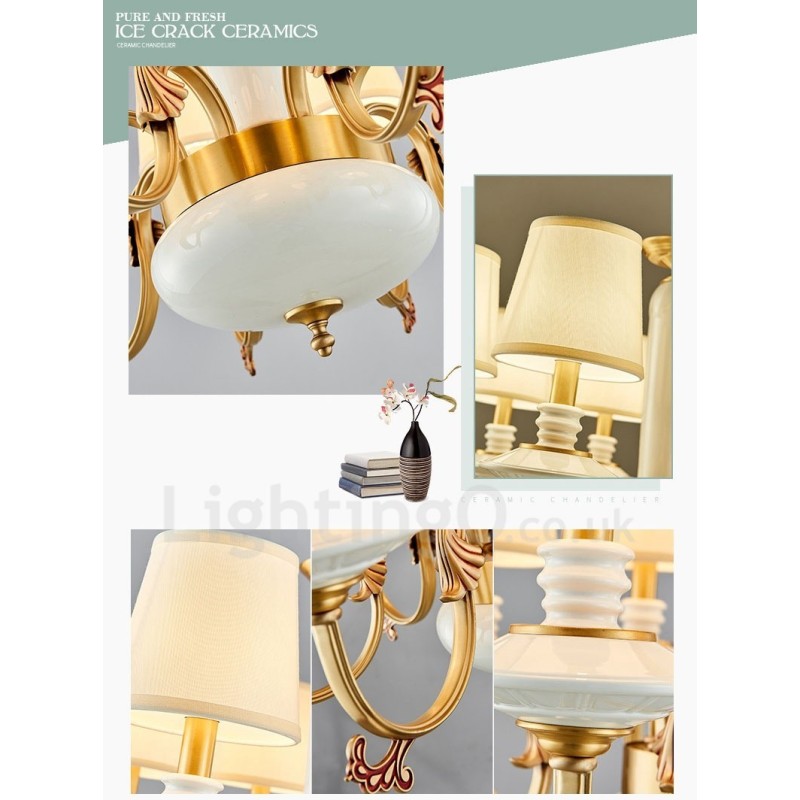Retro Vintage Brass Ceramics Pendant Candle Chandelier with Fabric Shades