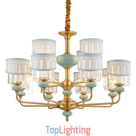 Pure Brass Luxurious Rustic Retro Vintage Brass Ceramics Pendant Candle Chandelier with Fabric and Crystal Shades Pure Brass Luxurious Rustic Retro Vintage Brass Ceramics Pendant Candle Chandelier with Fabric and Crystal Shades