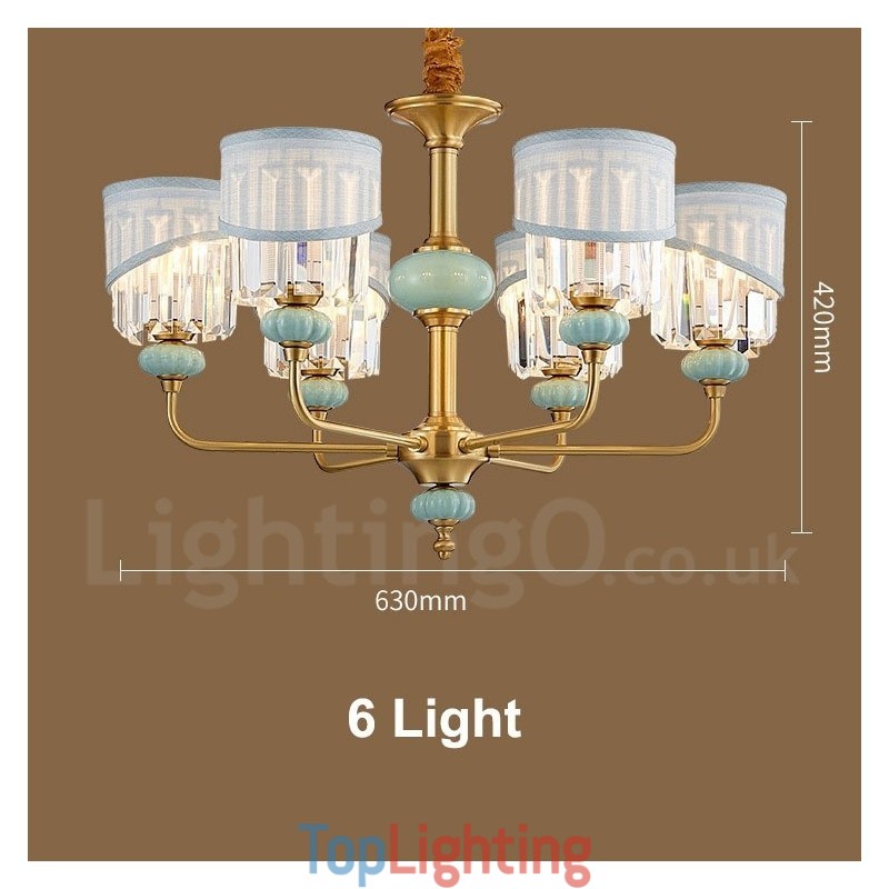 Pure Brass Luxurious Rustic Retro Vintage Brass Ceramics Pendant Candle Chandelier with Fabric and Crystal Shades
