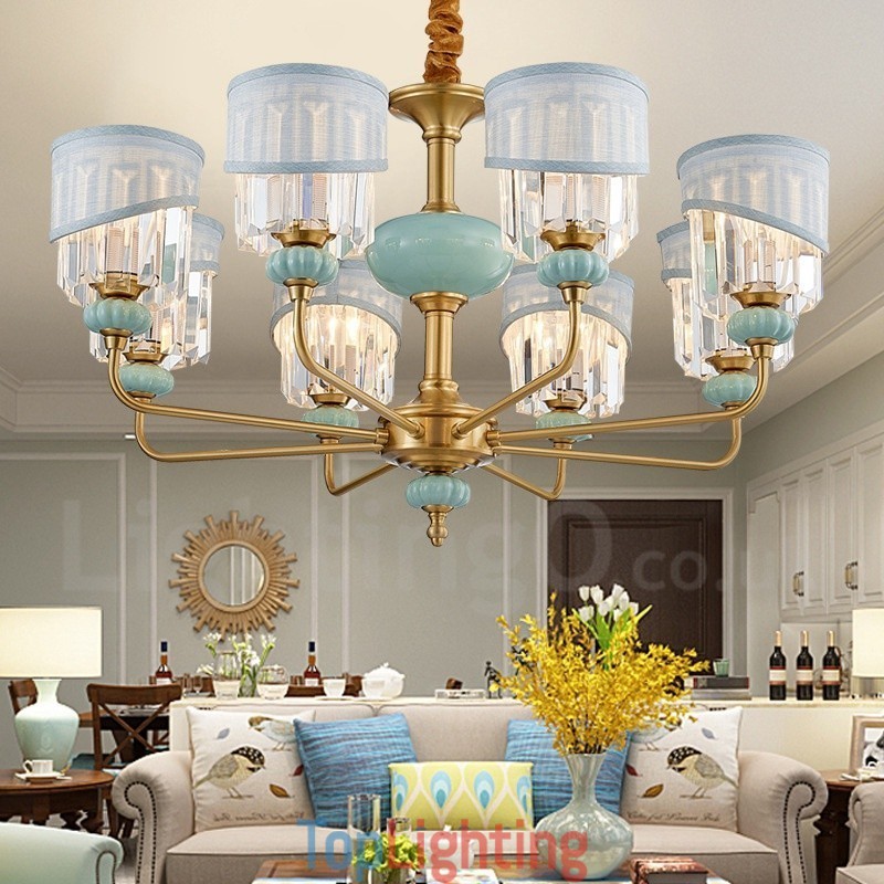 Pure Brass Luxurious Rustic Retro Vintage Brass Ceramics Pendant Candle Chandelier with Fabric and Crystal Shades