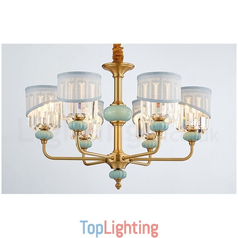 Pure Brass Luxurious Rustic Retro Vintage Brass Ceramics Pendant Candle Chandelier with Fabric and Crystal Shades