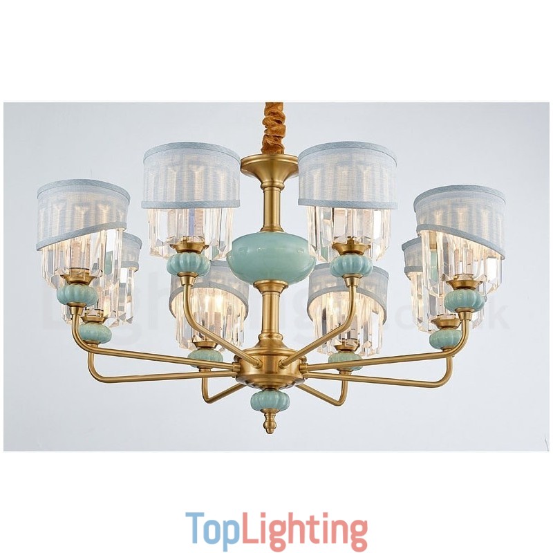 Pure Brass Luxurious Rustic Retro Vintage Brass Ceramics Pendant Candle Chandelier with Fabric and Crystal Shades