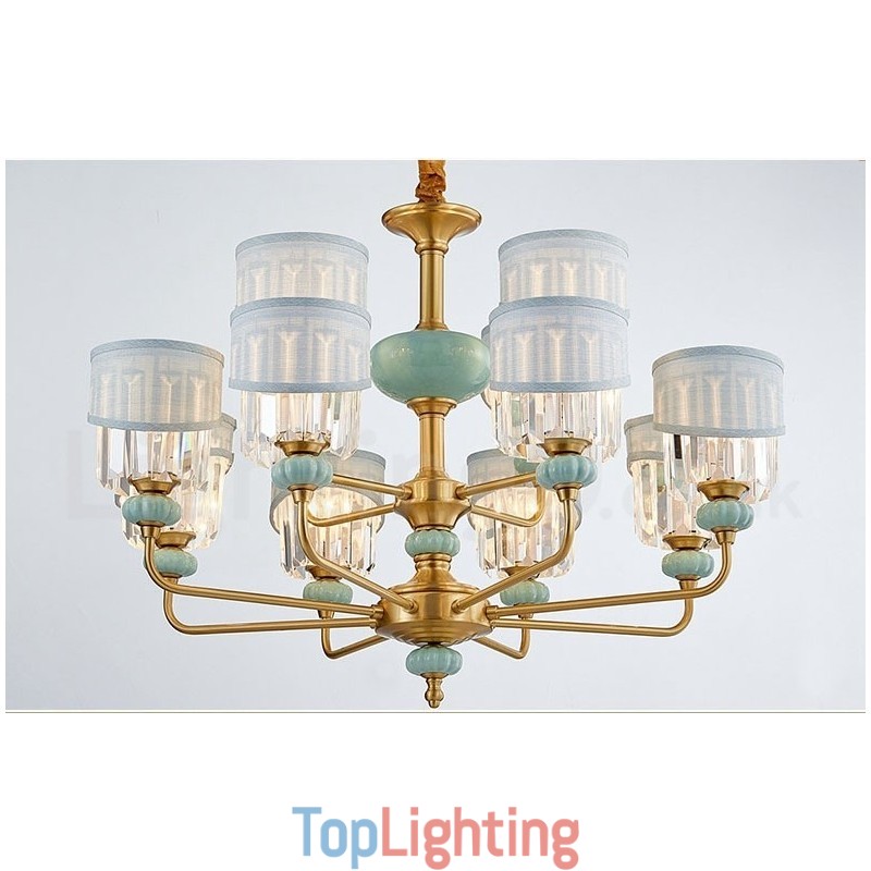 Pure Brass Luxurious Rustic Retro Vintage Brass Ceramics Pendant Candle Chandelier with Fabric and Crystal Shades