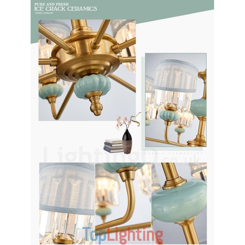 Pure Brass Luxurious Rustic Retro Vintage Brass Ceramics Pendant Candle Chandelier with Fabric and Crystal Shades