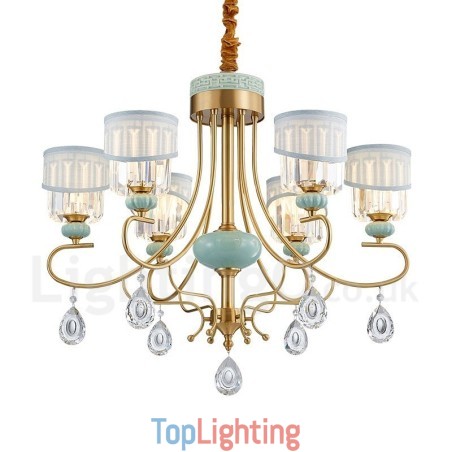 Pure Brass Luxurious Rustic Retro Vintage Brass Ceramics Pendant Candle Chandelier with Fabric and Crystal Shades Pure Brass Luxurious Rustic Retro Vintage Brass Ceramics Pendant Candle Chandelier with Fabric and Crystal Shades