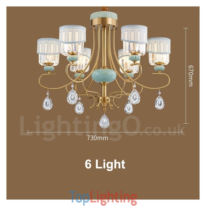 Pure Brass Luxurious Rustic Retro Vintage Brass Ceramics Pendant Candle Chandelier with Fabric and Crystal Shades