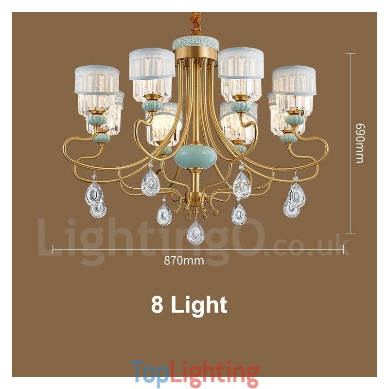 Pure Brass Luxurious Rustic Retro Vintage Brass Ceramics Pendant Candle Chandelier with Fabric and Crystal Shades