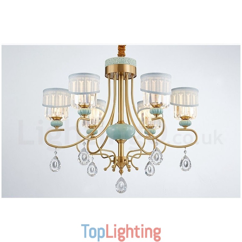 Pure Brass Luxurious Rustic Retro Vintage Brass Ceramics Pendant Candle Chandelier with Fabric and Crystal Shades