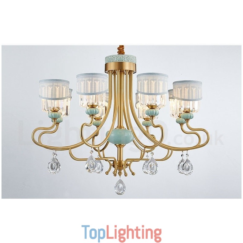Pure Brass Luxurious Rustic Retro Vintage Brass Ceramics Pendant Candle Chandelier with Fabric and Crystal Shades