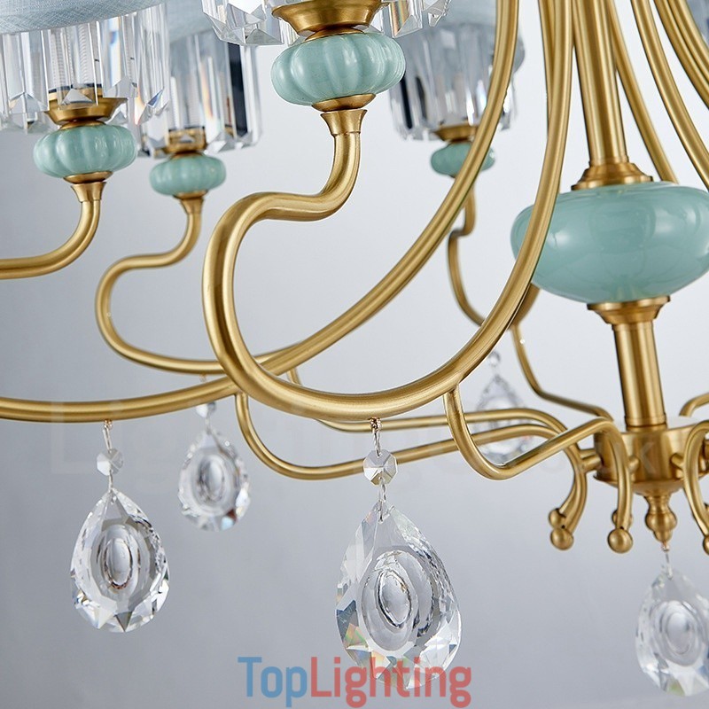 Pure Brass Luxurious Rustic Retro Vintage Brass Ceramics Pendant Candle Chandelier with Fabric and Crystal Shades