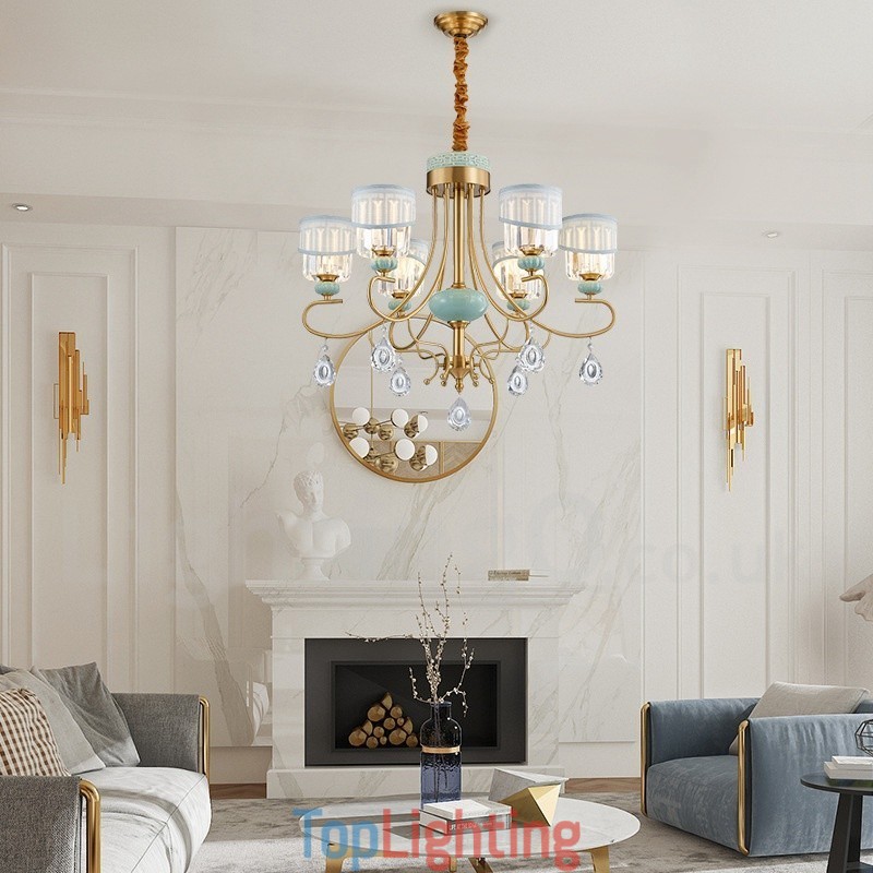 Pure Brass Luxurious Rustic Retro Vintage Brass Ceramics Pendant Candle Chandelier with Fabric and Crystal Shades