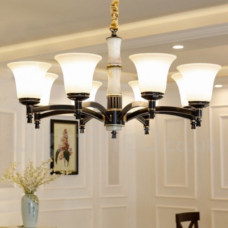Pure Brass Luxurious Rustic Retro Vintage Brass Stone Pendant Candle Chandelier with Glass Shades Pure Brass Luxurious Rustic Retro Vintage Brass Stone Pendant Candle Chandelier with Glass Shades