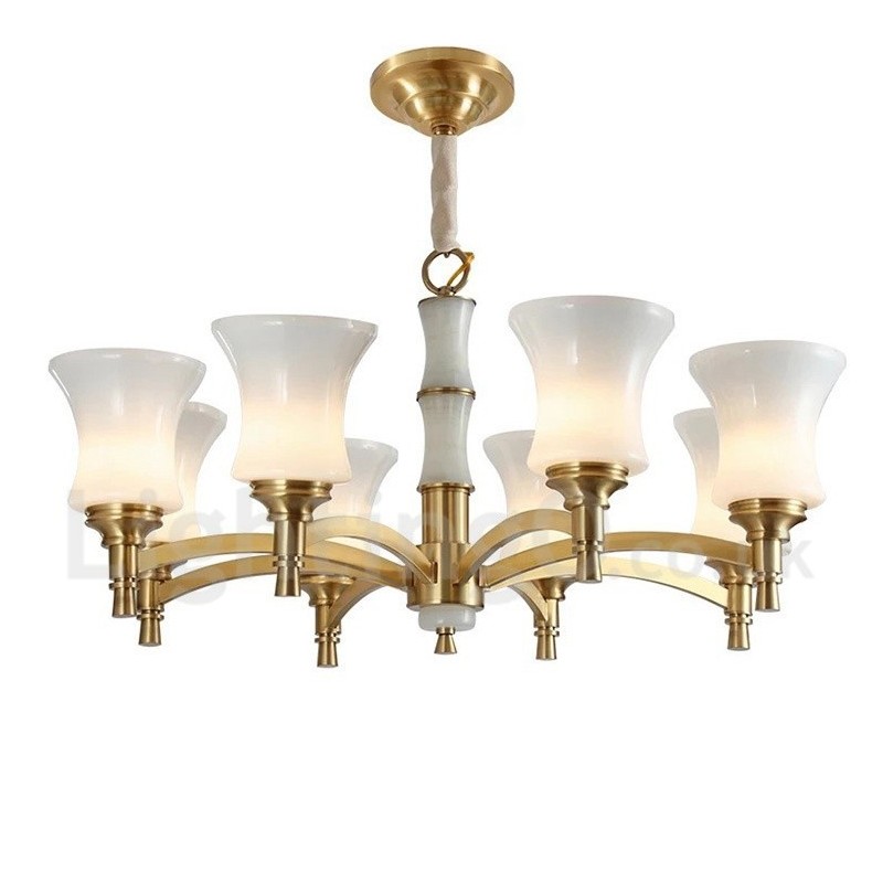 Pure Brass Luxurious Rustic Retro Vintage Brass Stone Pendant Candle Chandelier with Glass Shades