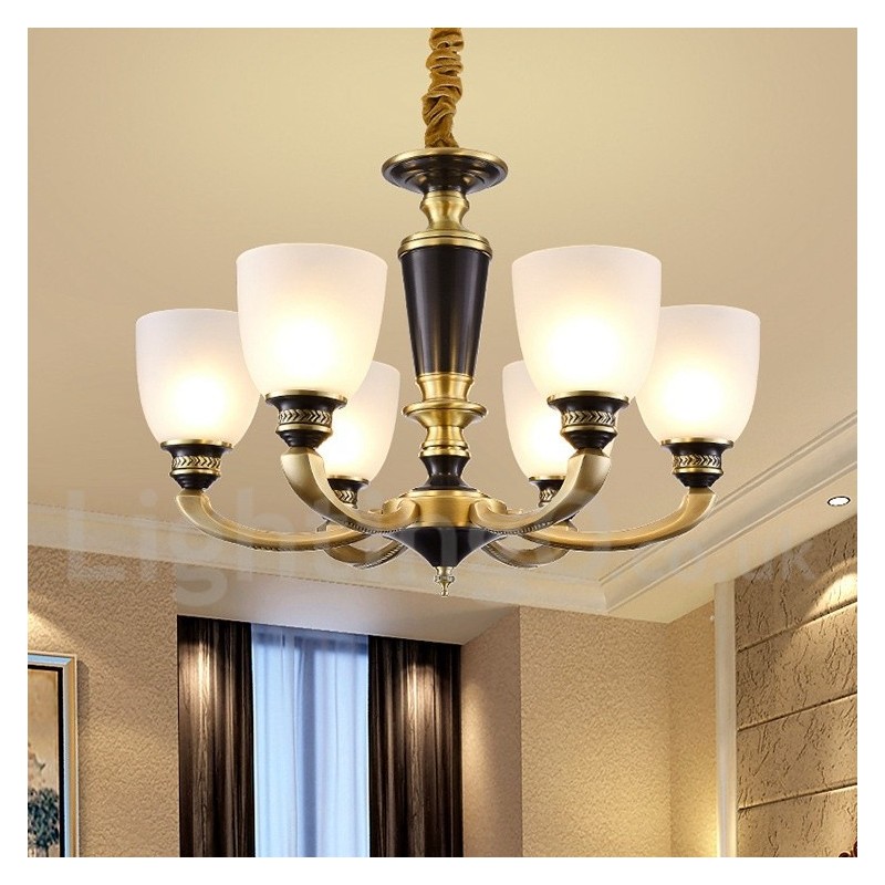 Pure Brass Luxurious Rustic Retro Vintage Brass Pendant Candle Chandelier with Glass Shades
