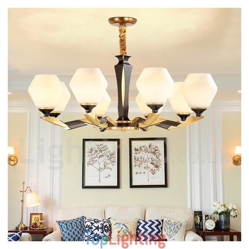 Pure Brass Luxurious Rustic Retro Vintage Brass Pendant Candle Chandelier with Glass Shades