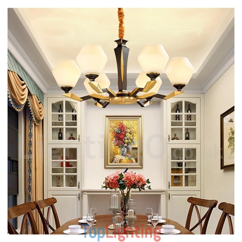 Pure Brass Luxurious Rustic Retro Vintage Brass Pendant Candle Chandelier with Glass Shades