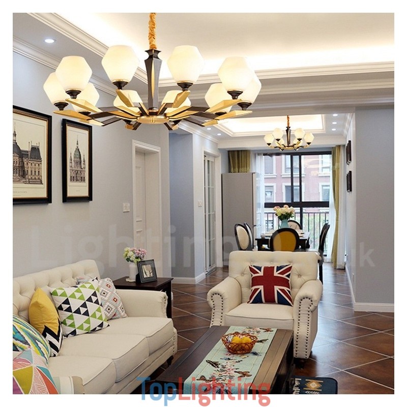Pure Brass Luxurious Rustic Retro Vintage Brass Pendant Candle Chandelier with Glass Shades