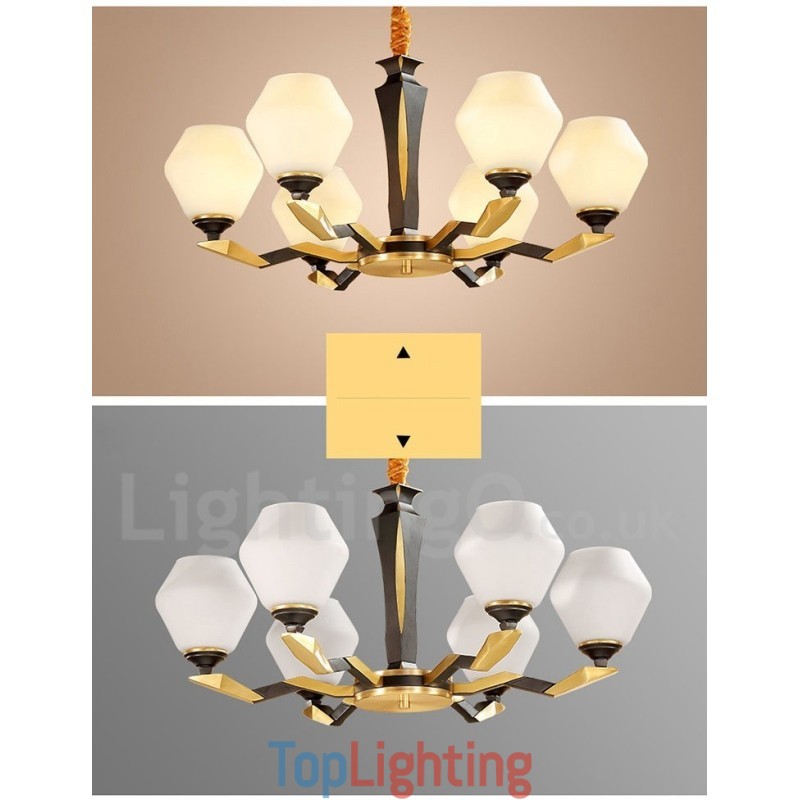 Pure Brass Luxurious Rustic Retro Vintage Brass Pendant Candle Chandelier with Glass Shades