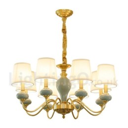 Pure Brass Luxurious Rustic Retro Vintage Brass Ceramics Pendant Candle Chandelier with Fabric Shades