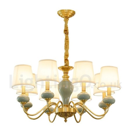 Pure Brass Luxurious Rustic Retro Vintage Brass Ceramics Pendant Candle Chandelier with Fabric Shades Pure Brass Luxurious Rustic Retro Vintage Brass Ceramics Pendant Candle Chandelier with Fabric Shades