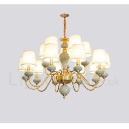 Pure Brass Luxurious Rustic Retro Vintage Brass Ceramics Pendant Candle Chandelier with Fabric Shades
