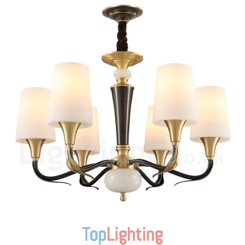 Pure Brass Luxurious Rustic Retro Vintage Brass Stone Pendant Candle Chandelier with Glass Shades