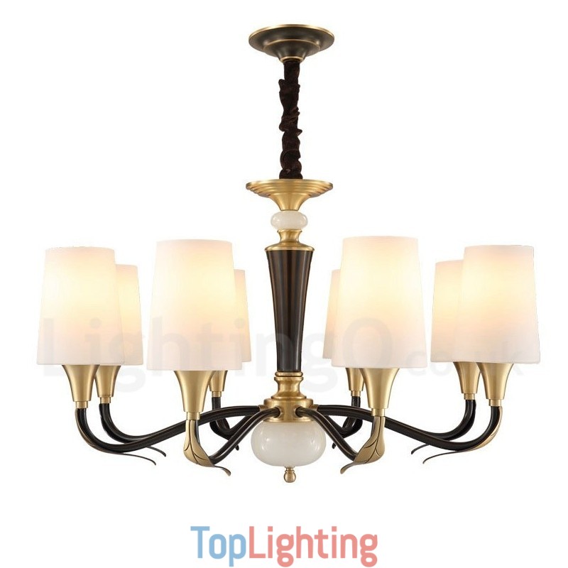 Pure Brass Luxurious Rustic Retro Vintage Brass Stone Pendant Candle Chandelier with Glass Shades