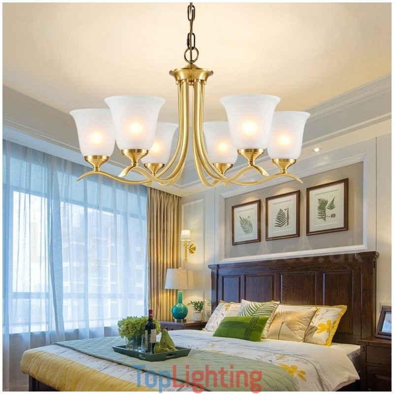 Pure Brass Luxurious Rustic Retro Vintage Brass Pendant Candle Chandelier with Glass Shades