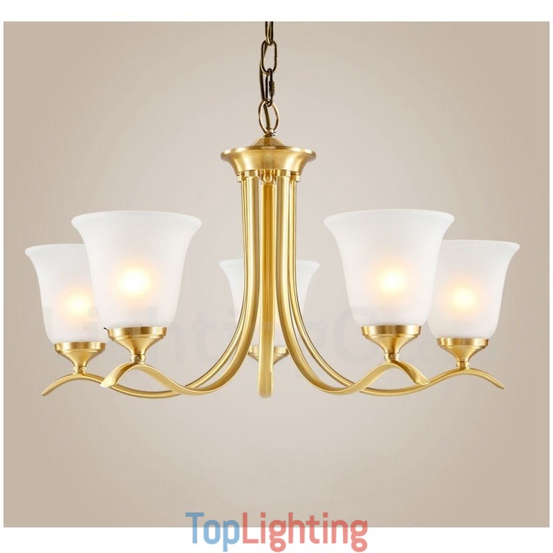 Pure Brass Luxurious Rustic Retro Vintage Brass Pendant Candle Chandelier with Glass Shades