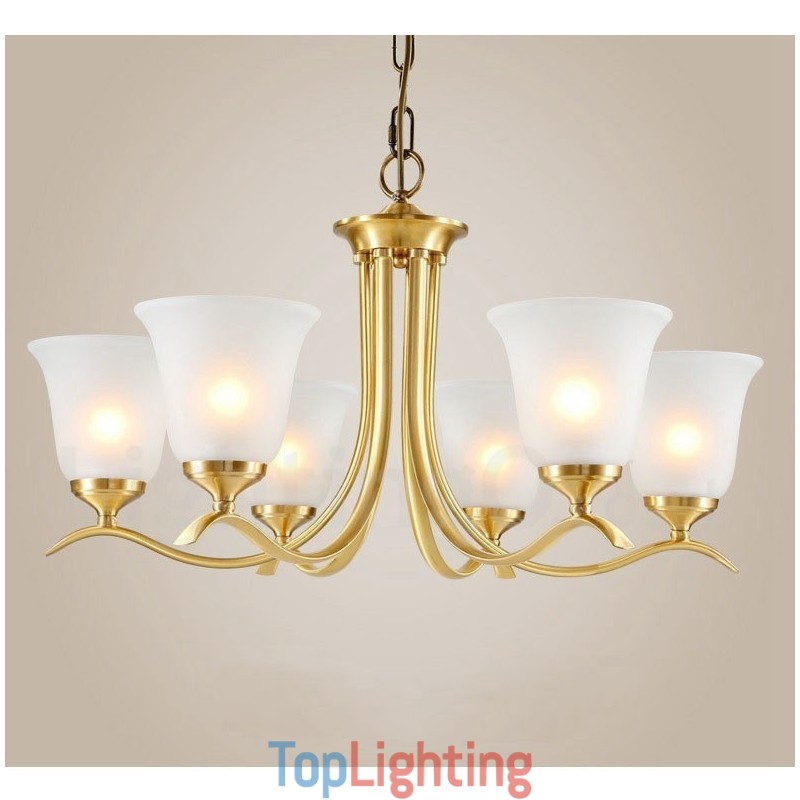 Pure Brass Luxurious Rustic Retro Vintage Brass Pendant Candle Chandelier with Glass Shades