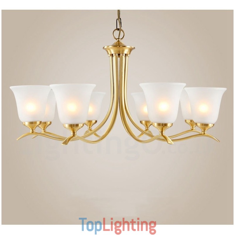 Pure Brass Luxurious Rustic Retro Vintage Brass Pendant Candle Chandelier with Glass Shades