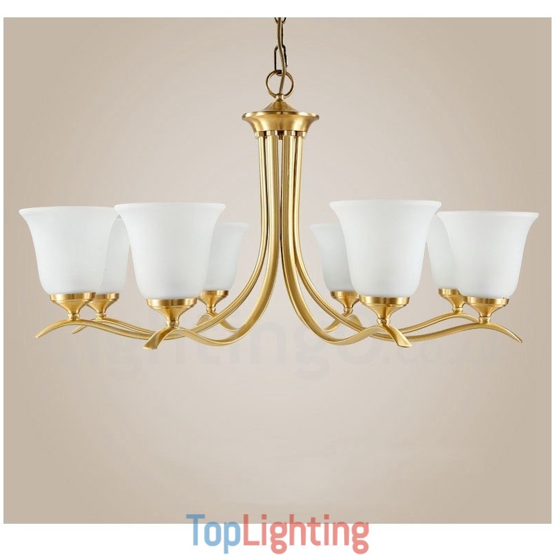 Pure Brass Luxurious Rustic Retro Vintage Brass Pendant Candle Chandelier with Glass Shades