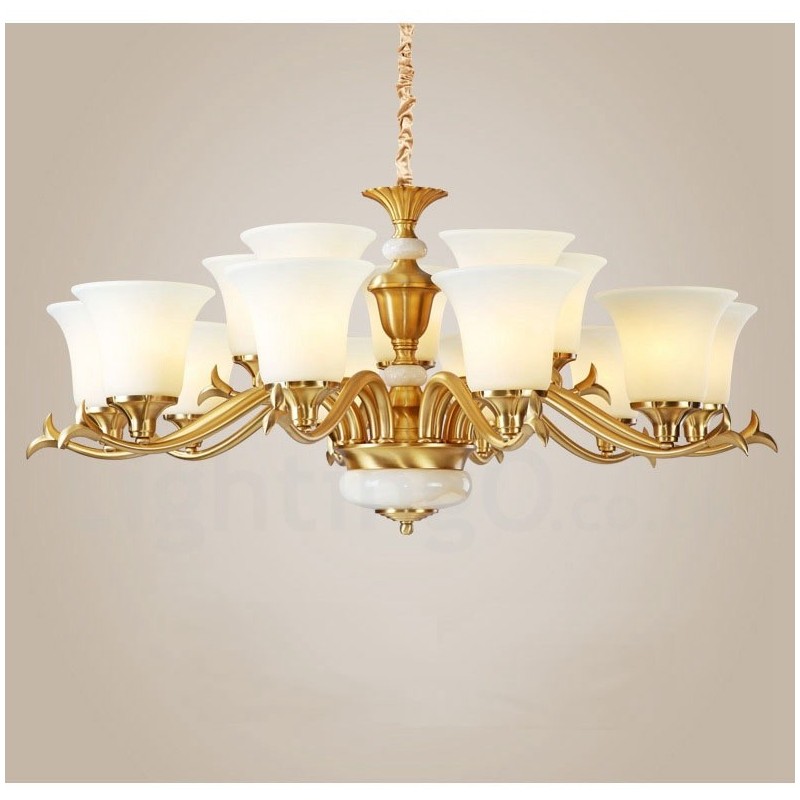 Pure Brass Luxurious Rustic Retro Vintage Brass Stone Pendant Candle Chandelier with Glass Shades