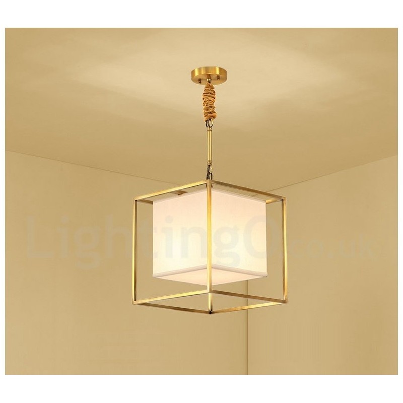 Pure Brass Simple Rustic Retro Vintage Brass Pendant Light with Fabric Shade