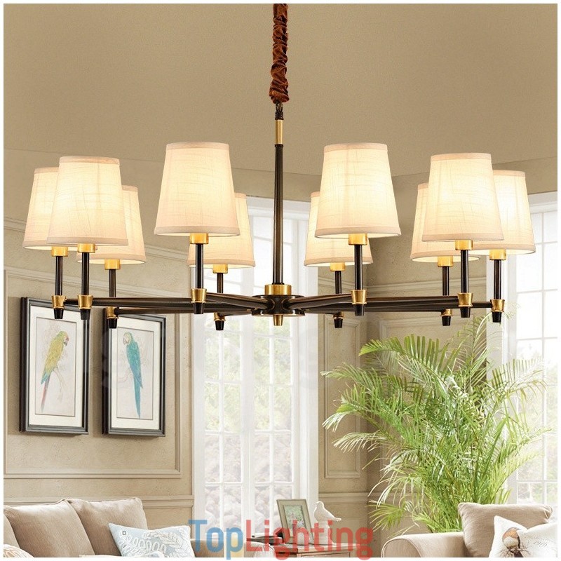 Pure Brass Large Luxurious Rustic Retro Vintage Brass Pendant Chandelier with Fabric Shades