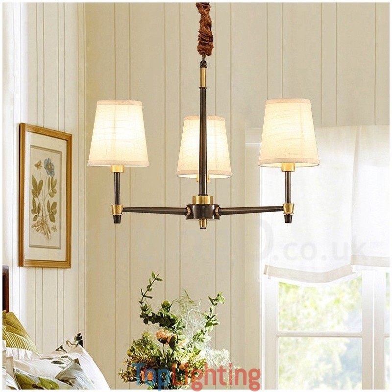 Pure Brass Large Luxurious Rustic Retro Vintage Brass Pendant Chandelier with Fabric Shades