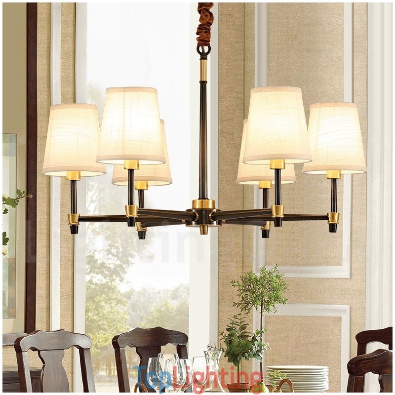 Pure Brass Large Luxurious Rustic Retro Vintage Brass Pendant Chandelier with Fabric Shades