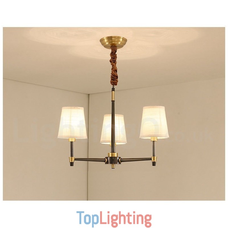 Pure Brass Large Luxurious Rustic Retro Vintage Brass Pendant Chandelier with Fabric Shades