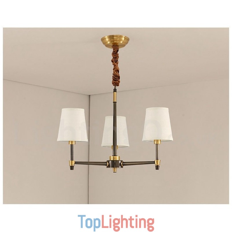 Pure Brass Large Luxurious Rustic Retro Vintage Brass Pendant Chandelier with Fabric Shades