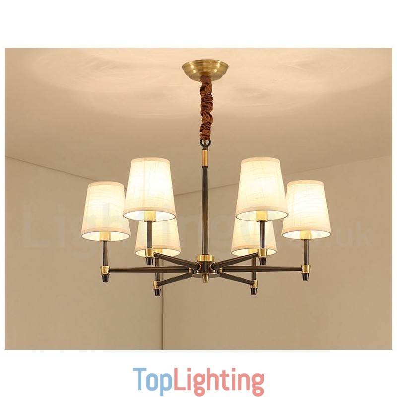 Pure Brass Large Luxurious Rustic Retro Vintage Brass Pendant Chandelier with Fabric Shades