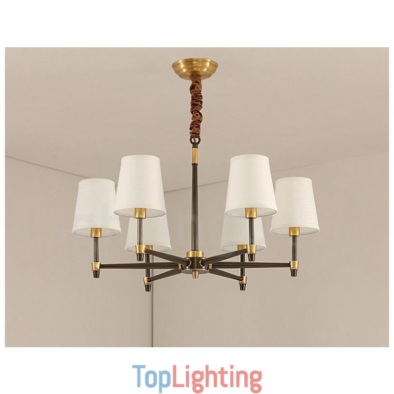 Pure Brass Large Luxurious Rustic Retro Vintage Brass Pendant Chandelier with Fabric Shades