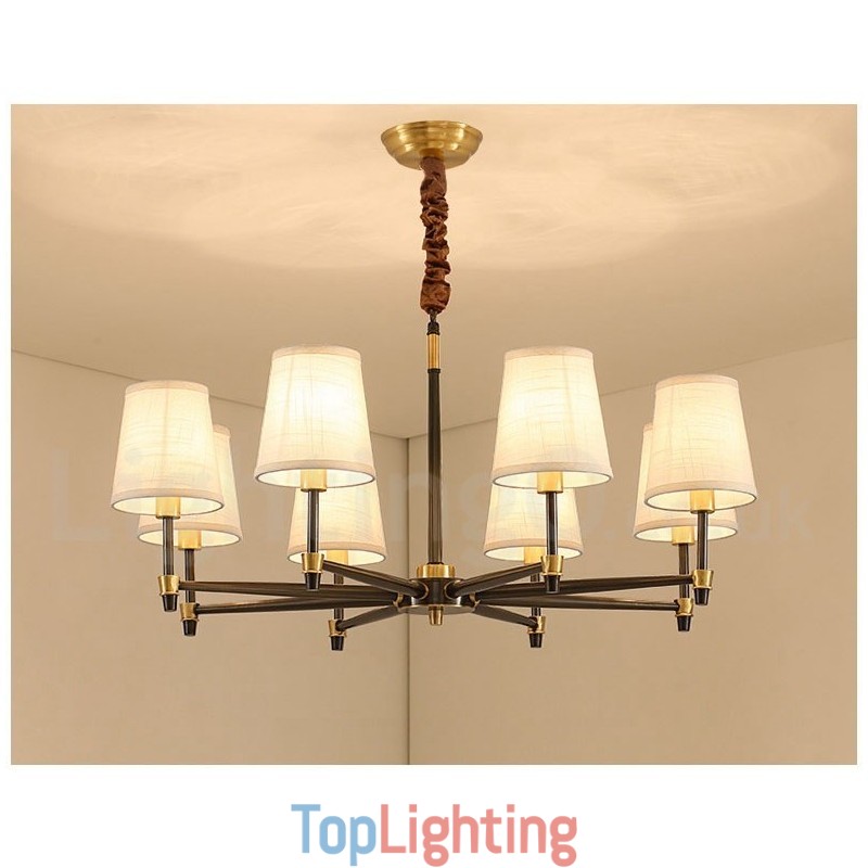 Pure Brass Large Luxurious Rustic Retro Vintage Brass Pendant Chandelier with Fabric Shades