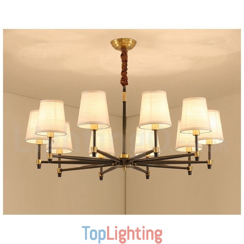 Pure Brass Large Luxurious Rustic Retro Vintage Brass Pendant Chandelier with Fabric Shades