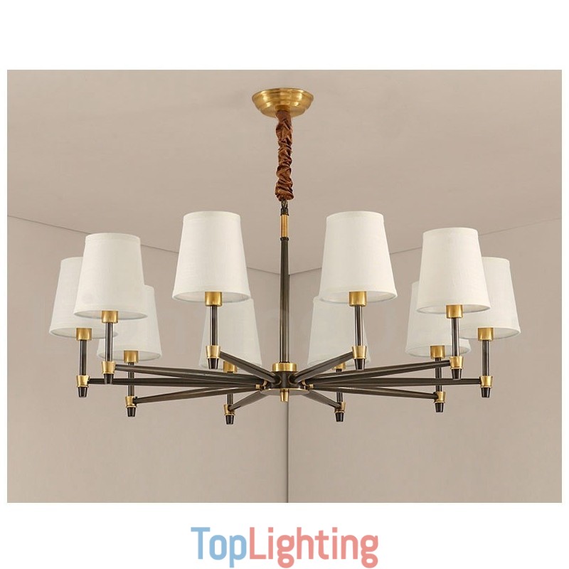 Pure Brass Large Luxurious Rustic Retro Vintage Brass Pendant Chandelier with Fabric Shades