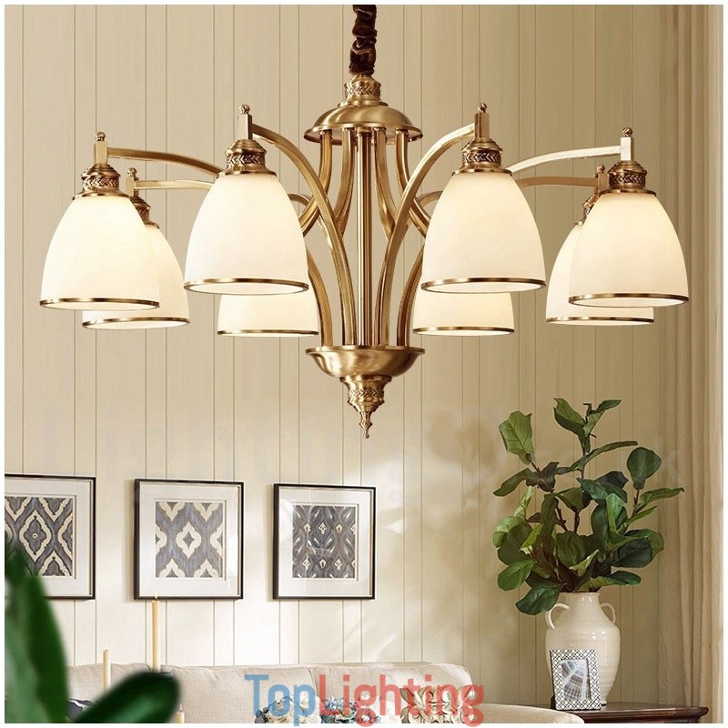Pure Brass Large Luxurious Rustic Retro Vintage Brass Pendant Chandelier with Glass Shades