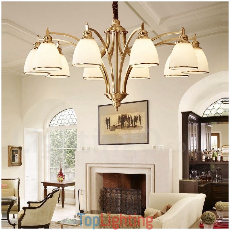 Pure Brass Large Luxurious Rustic Retro Vintage Brass Pendant Chandelier with Glass Shades