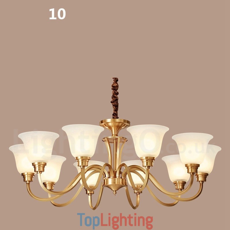 Pure Brass Large Luxurious Rustic Retro Vintage Solid Brass Pendant Chandelier with Glass Shades